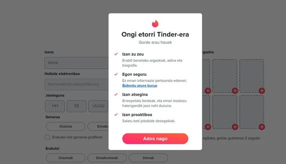 Tinder euskaratuta, behintzat web bertsioan
