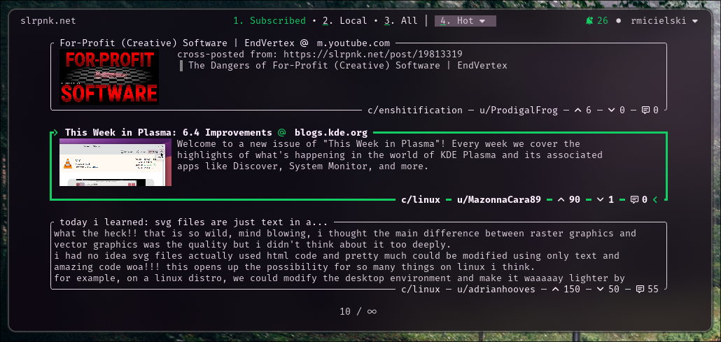 Screenshot of a TUI for Lemmy