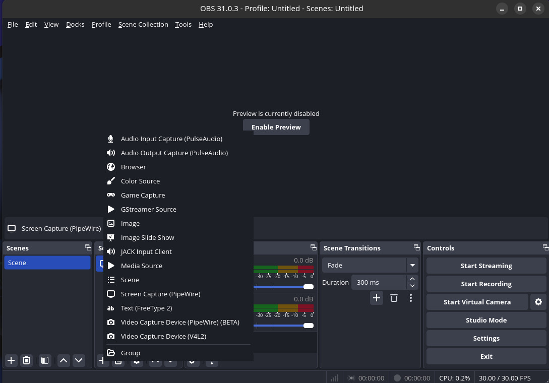 Screenshot of OBS Studio showing the Sources menu
