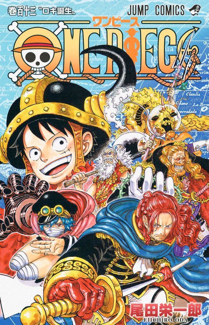 Luffy smiling. Scopper gaban angry, wielding his axe. we can see 4 God's knights - Shamrock (Shanks twin, with characteristic red hair), Gunko (blue hair), Sommers (who has purple clothing) and Killingham (a golden yellow sea horse dragon beast)
