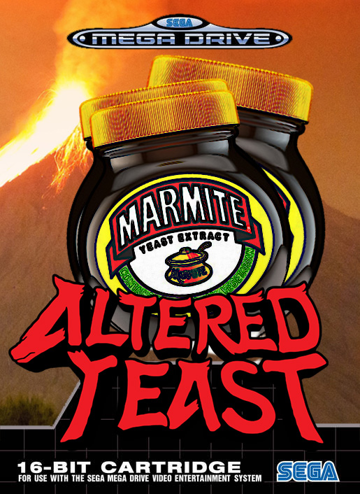 Sega genesis game cartridge with pictures of Marmite jars and the title "Altered Yeast" in the Altered Beast game font.